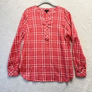 Talbots Tunic Top Women Sz Small Coral Plaid V-Neck Tunic Shirt Lightweight